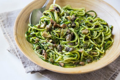 Kale and Basil Pesto Zoodles with Mushrooms